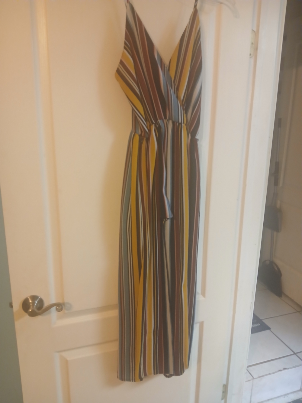 Rue21 Striped V-Neck Jumpsuit in Mustard, Brown & Blue